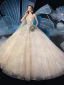 Chic / Belle Champagne Robe De Mariée 2019 Robe Boule Bretelles Spaghetti Sans Manches Dos Nu Glitter Appliques En Dentelle Perlage Cathedral Train Volants
