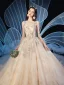 Chic / Belle Champagne Robe De Mariée 2019 Robe Boule Bretelles Spaghetti Sans Manches Dos Nu Glitter Appliques En Dentelle Perlage Cathedral Train Volants