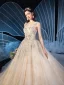Chic / Belle Champagne Robe De Mariée 2019 Robe Boule Bretelles Spaghetti Sans Manches Dos Nu Glitter Appliques En Dentelle Perlage Cathedral Train Volants