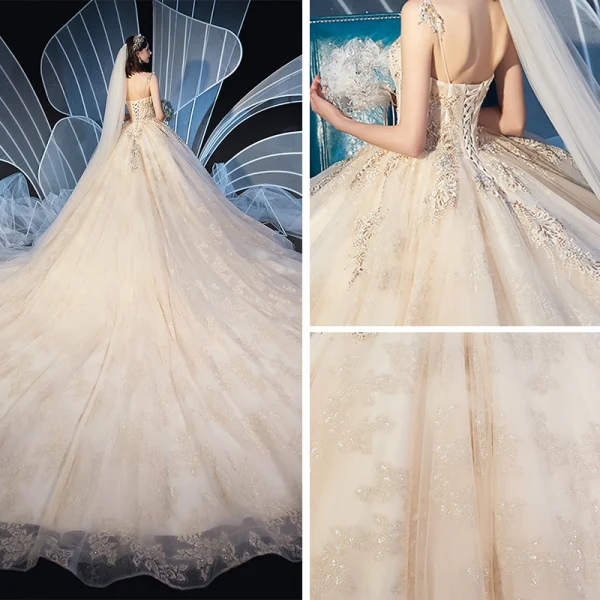 Chic / Belle Champagne Robe De Mariée 2019 Robe Boule Bretelles Spaghetti Sans Manches Dos Nu Glitter Appliques En Dentelle Perlage Cathedral Train Volants