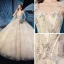 Chic / Belle Champagne Robe De Mariée 2019 Robe Boule Bretelles Spaghetti Sans Manches Dos Nu Glitter Appliques En Dentelle Perlage Cathedral Train Volants