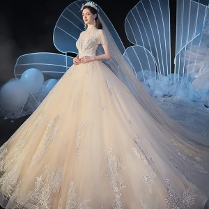 Vintage Champán Transparentes Vestidos De Novia 2019 Ball Gown Cuello Alto Manga Corta Rebordear Tassel Glitter Tul Apliques Con Encaje Cathedral Train Ruffle
