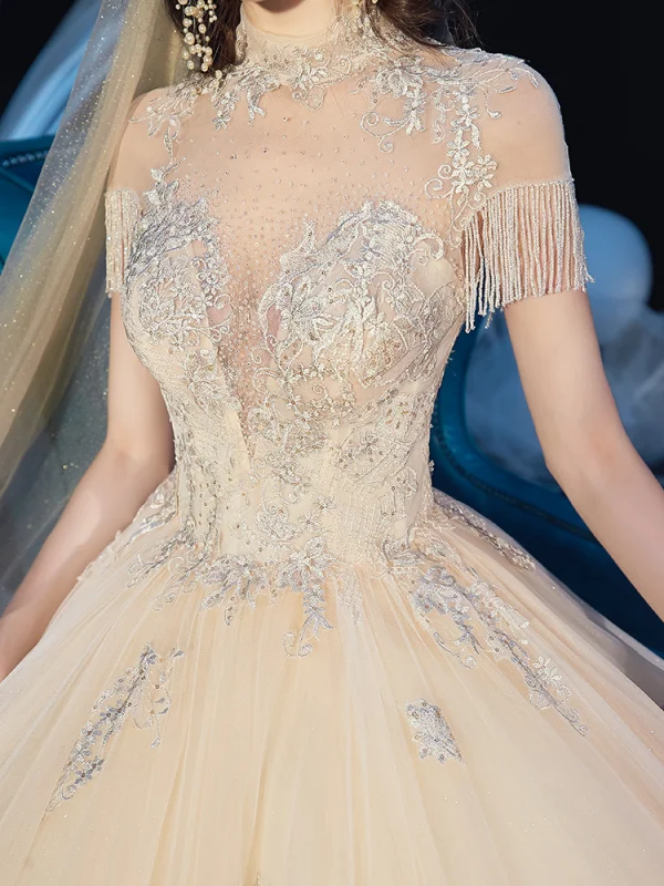 Vintage / Retro Champagne See-through Wedding Dresses 2019 Ball Gown High Neck Short Sleeve Beading Tassel Glitter Tulle Appliques Lace Cathedral Train Ruffle