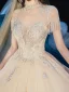 Vintage / Retro Champagne See-through Wedding Dresses 2019 Ball Gown High Neck Short Sleeve Beading Tassel Glitter Tulle Appliques Lace Cathedral Train Ruffle