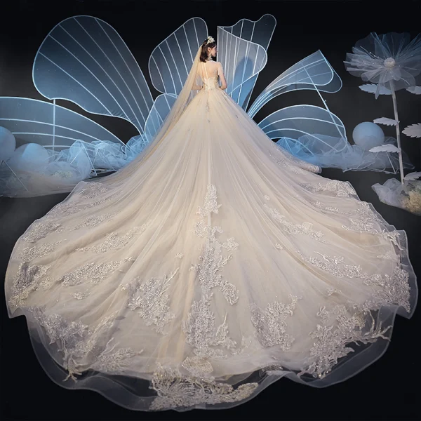 Vintage / Retro Champagne See-through Wedding Dresses 2019 Ball Gown High Neck Short Sleeve Beading Tassel Glitter Tulle Appliques Lace Cathedral Train Ruffle