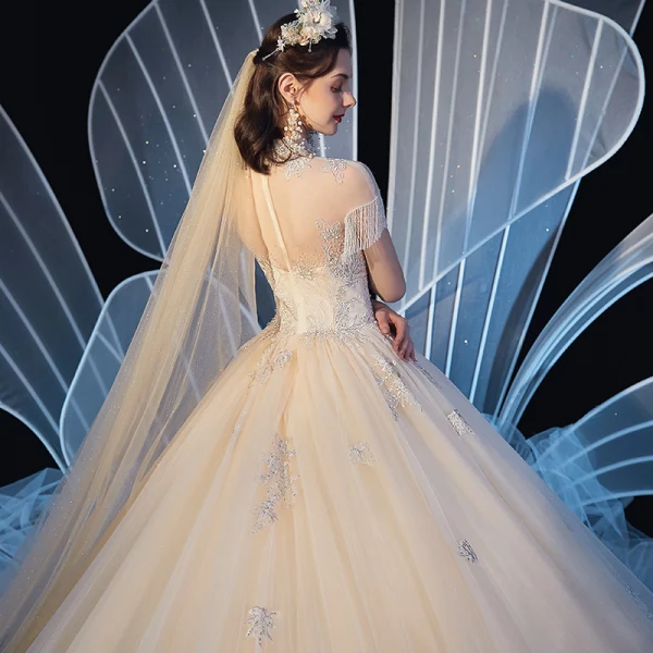 Vintage / Retro Champagne See-through Wedding Dresses 2019 Ball Gown High Neck Short Sleeve Beading Tassel Glitter Tulle Appliques Lace Cathedral Train Ruffle