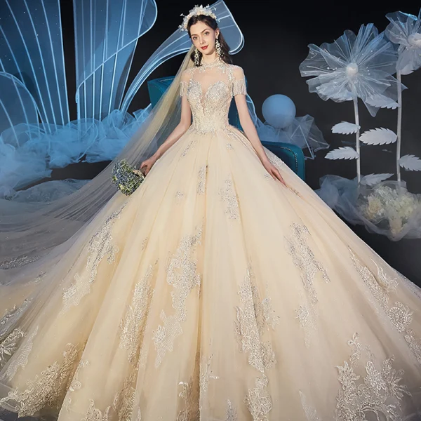 Vintage / Retro Champagne See-through Wedding Dresses 2019 Ball Gown High Neck Short Sleeve Beading Tassel Glitter Tulle Appliques Lace Cathedral Train Ruffle