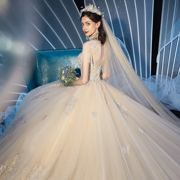 Vintage / Retro Champagne See-through Wedding Dresses 2019 Ball Gown High Neck Short Sleeve Beading Tassel Glitter Tulle Appliques Lace Cathedral Train Ruffle