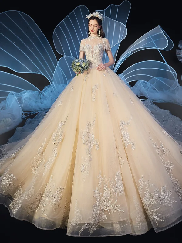 Vintage / Retro Champagne See-through Wedding Dresses 2019 Ball Gown High Neck Short Sleeve Beading Tassel Glitter Tulle Appliques Lace Cathedral Train Ruffle