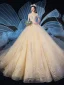 Vintage / Retro Champagne See-through Wedding Dresses 2019 Ball Gown High Neck Short Sleeve Beading Tassel Glitter Tulle Appliques Lace Cathedral Train Ruffle