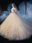 Vintage / Retro Champagne See-through Wedding Dresses 2019 Ball Gown High Neck Short Sleeve Beading Tassel Glitter Tulle Appliques Lace Cathedral Train Ruffle