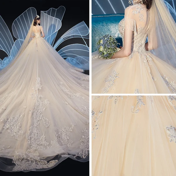 Vintage / Retro Champagne See-through Wedding Dresses 2019 Ball Gown High Neck Short Sleeve Beading Tassel Glitter Tulle Appliques Lace Cathedral Train Ruffle