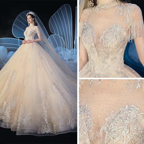 Vintage / Retro Champagne See-through Wedding Dresses 2019 Ball Gown High Neck Short Sleeve Beading Tassel Glitter Tulle Appliques Lace Cathedral Train Ruffle