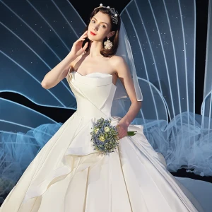 Modest Simple Ivory Satin Wedding Dresses 2019 Ball Gown Strapless Sleeveless Backless Cathedral Train Ruffle