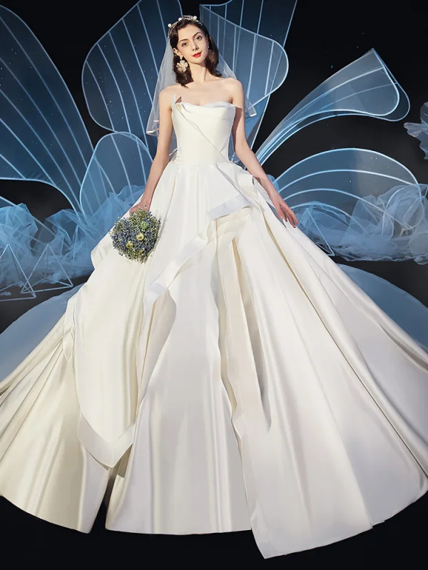 Modest / Simple Ivory Satin Wedding Dresses 2019 Ball Gown Strapless Sleeveless Backless Cathedral Train Ruffle