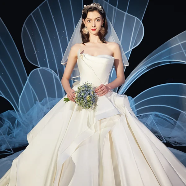 Modest / Simple Ivory Satin Wedding Dresses 2019 Ball Gown Strapless Sleeveless Backless Cathedral Train Ruffle