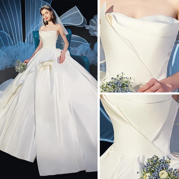 Modest / Simple Ivory Satin Wedding Dresses 2019 Ball Gown Strapless Sleeveless Backless Cathedral Train Ruffle