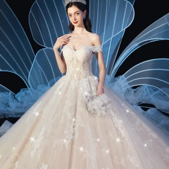 Chic Belle Champagne Robe De Mariée 2019 Robe Boule De L 039 Épaule Manches Courtes Dos Nu Glitter Tulle Appliques En Dentelle Cathedral Train Volants