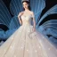 Chic / Belle Champagne Robe De Mariée 2019 Robe Boule De l'épaule Manches Courtes Dos Nu Glitter Tulle Appliques En Dentelle Cathedral Train Volants