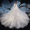 Chic / Beautiful Champagne Wedding Dresses 2019 Ball Gown Off-The-Shoulder Short Sleeve Backless Glitter Tulle Appliques Lace Cathedral Train Ruffle
