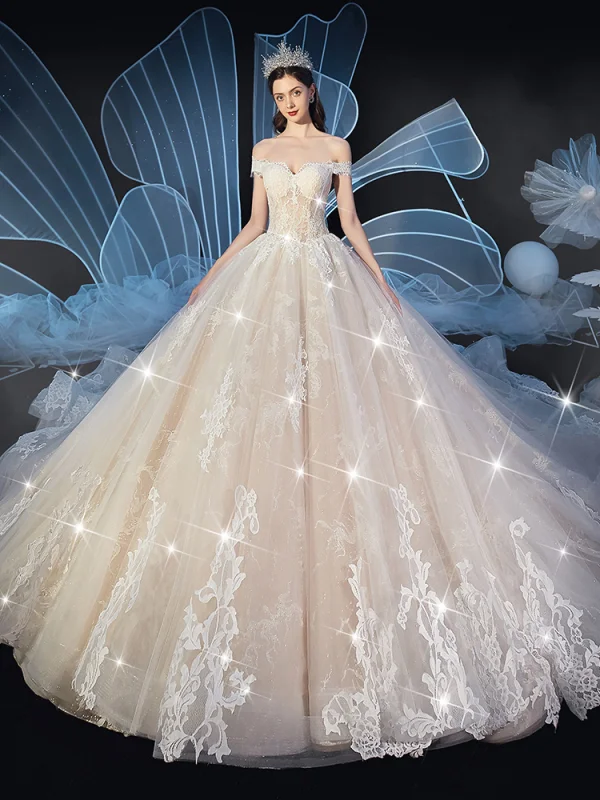 Chic / Belle Champagne Robe De Mariée 2019 Robe Boule De l'épaule Manches Courtes Dos Nu Glitter Tulle Appliques En Dentelle Cathedral Train Volants