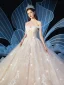 Chic / Belle Champagne Robe De Mariée 2019 Robe Boule De l'épaule Manches Courtes Dos Nu Glitter Tulle Appliques En Dentelle Cathedral Train Volants