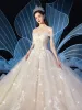 Chic / Beautiful Champagne Wedding Dresses 2019 Ball Gown Off-The-Shoulder Short Sleeve Backless Glitter Tulle Appliques Lace Cathedral Train Ruffle