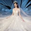 Chic / Belle Champagne Robe De Mariée 2019 Robe Boule De l'épaule Manches Courtes Dos Nu Glitter Tulle Appliques En Dentelle Cathedral Train Volants