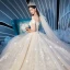 Chic / Belle Champagne Robe De Mariée 2019 Robe Boule De l'épaule Manches Courtes Dos Nu Glitter Tulle Appliques En Dentelle Cathedral Train Volants