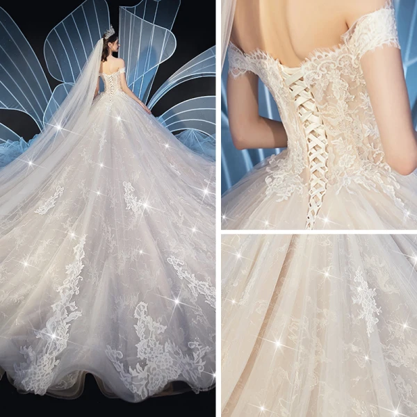 Chic / Belle Champagne Robe De Mariée 2019 Robe Boule De l'épaule Manches Courtes Dos Nu Glitter Tulle Appliques En Dentelle Cathedral Train Volants