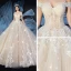 Chic / Belle Champagne Robe De Mariée 2019 Robe Boule De l'épaule Manches Courtes Dos Nu Glitter Tulle Appliques En Dentelle Cathedral Train Volants
