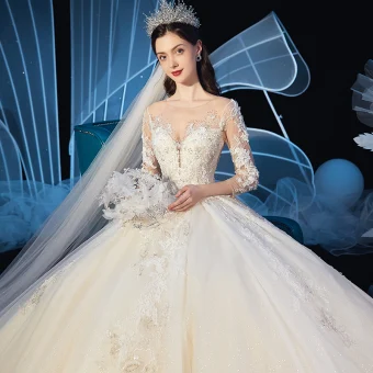 Charming Champagne See Through Wedding Dresses 2019 Ball Gown Scoop Neck 3 4 Sleeve Glitter Tulle Beading Appliques Lace Cathedral Train Ruffle