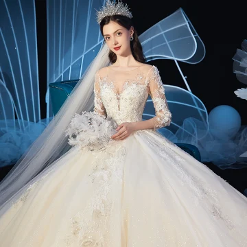 Charming Champagne See Through Wedding Dresses 2019 Ball Gown Scoop Neck 3 4 Sleeve Glitter Tulle Beading Appliques Lace Cathedral Train Ruffle