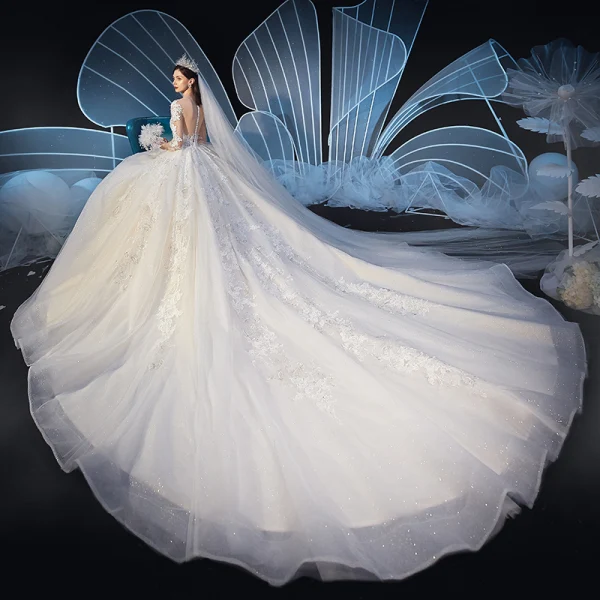 Charming Champagne See-through Wedding Dresses 2019 Ball Gown Scoop Neck 3/4 Sleeve Glitter Tulle Beading Appliques Lace Cathedral Train Ruffle