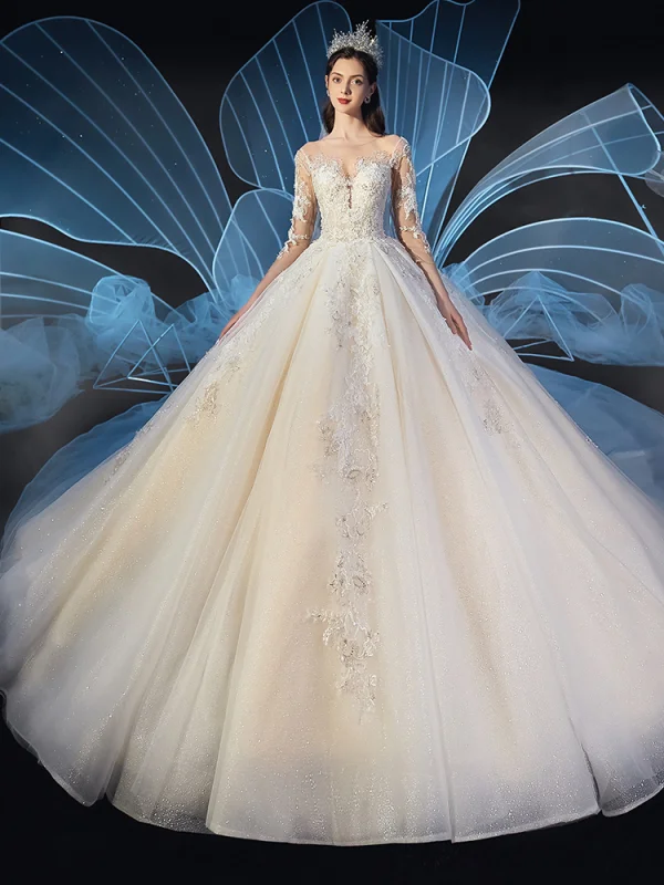 Charming Champagne See-through Wedding Dresses 2019 Ball Gown Scoop Neck 3/4 Sleeve Glitter Tulle Beading Appliques Lace Cathedral Train Ruffle
