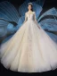 Charming Champagne See-through Wedding Dresses 2019 Ball Gown Scoop Neck 3/4 Sleeve Glitter Tulle Beading Appliques Lace Cathedral Train Ruffle