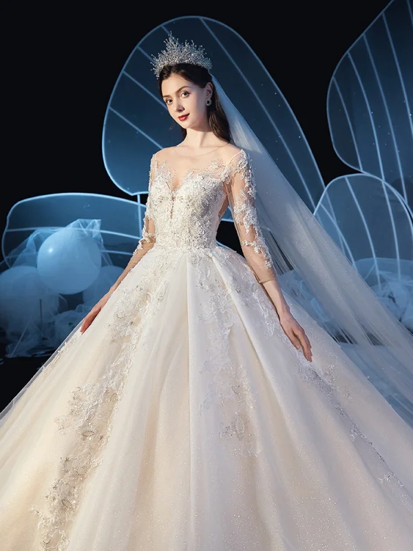 Charming Champagne See-through Wedding Dresses 2019 Ball Gown Scoop Neck 3/4 Sleeve Glitter Tulle Beading Appliques Lace Cathedral Train Ruffle