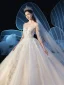 Charming Champagne See-through Wedding Dresses 2019 Ball Gown Scoop Neck 3/4 Sleeve Glitter Tulle Beading Appliques Lace Cathedral Train Ruffle
