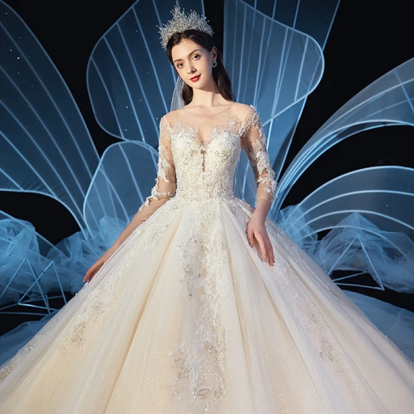 Charming Champagne See-through Wedding Dresses 2019 Ball Gown Scoop Neck 3/4 Sleeve Glitter Tulle Beading Appliques Lace Cathedral Train Ruffle