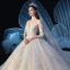 Charming Champagne See-through Wedding Dresses 2019 Ball Gown Scoop Neck 3/4 Sleeve Glitter Tulle Beading Appliques Lace Cathedral Train Ruffle