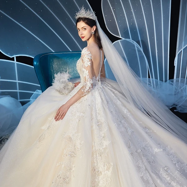 Charming Champagne See-through Wedding Dresses 2019 Ball Gown Scoop Neck 3/4 Sleeve Glitter Tulle Beading Appliques Lace Cathedral Train Ruffle