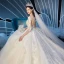 Charming Champagne See-through Wedding Dresses 2019 Ball Gown Scoop Neck 3/4 Sleeve Glitter Tulle Beading Appliques Lace Cathedral Train Ruffle