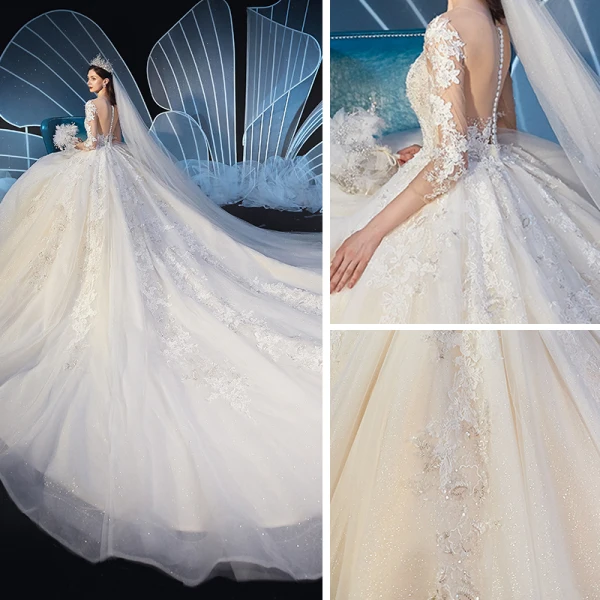 Charming Champagne See-through Wedding Dresses 2019 Ball Gown Scoop Neck 3/4 Sleeve Glitter Tulle Beading Appliques Lace Cathedral Train Ruffle