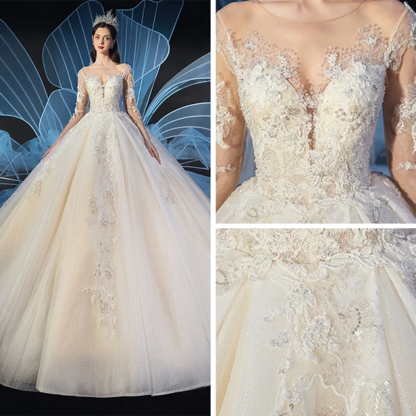 Charming Champagne See-through Wedding Dresses 2019 Ball Gown Scoop Neck 3/4 Sleeve Glitter Tulle Beading Appliques Lace Cathedral Train Ruffle