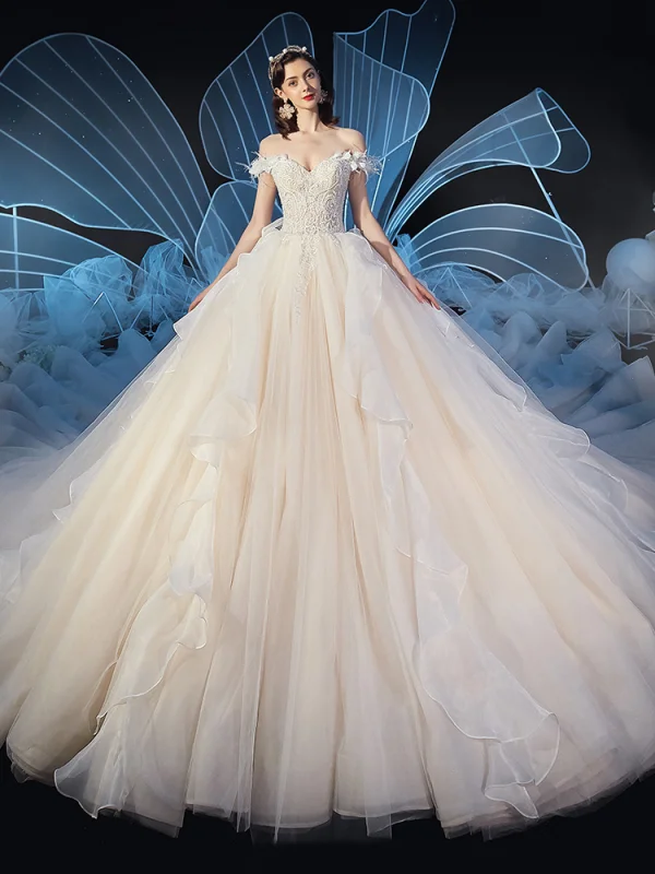 Elegant Champagne Wedding Dresses 2019 Ball Gown Off-The-Shoulder Feather Short Sleeve Backless Beading Appliques Lace Cathedral Train Ruffle