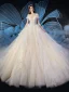 Elegant Champagne Wedding Dresses 2019 Ball Gown Off-The-Shoulder Feather Short Sleeve Backless Beading Appliques Lace Cathedral Train Ruffle