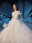 Elegant Champagne Wedding Dresses 2019 Ball Gown Off-The-Shoulder Feather Short Sleeve Backless Beading Appliques Lace Cathedral Train Ruffle