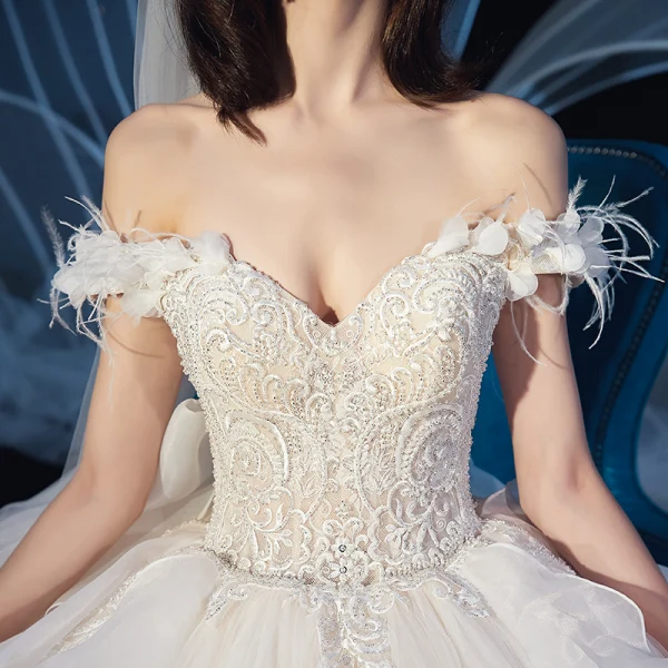 Elegant Champagne Wedding Dresses 2019 Ball Gown Off-The-Shoulder Feather Short Sleeve Backless Beading Appliques Lace Cathedral Train Ruffle