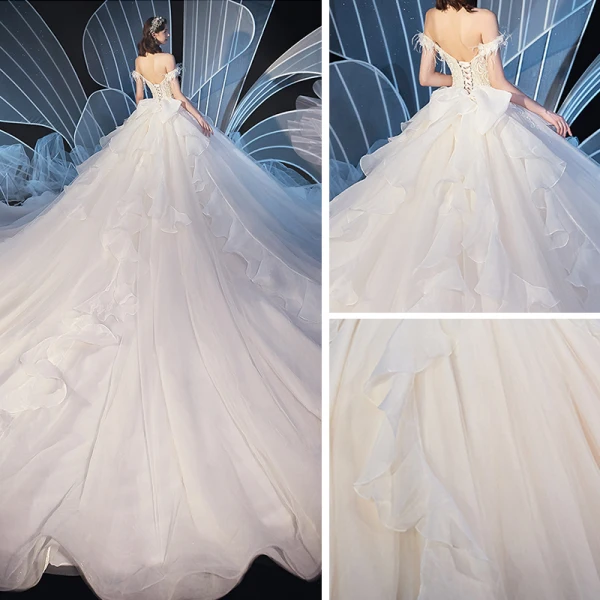 Elegant Champagne Wedding Dresses 2019 Ball Gown Off-The-Shoulder Feather Short Sleeve Backless Beading Appliques Lace Cathedral Train Ruffle