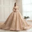 Scintillantes Champagne Transparentes Robe De Mariée 2019 Robe Boule Encolure Carrée Manches Longues Dos Nu Forme de coeur Paillettes Perlage Royal Train Volants